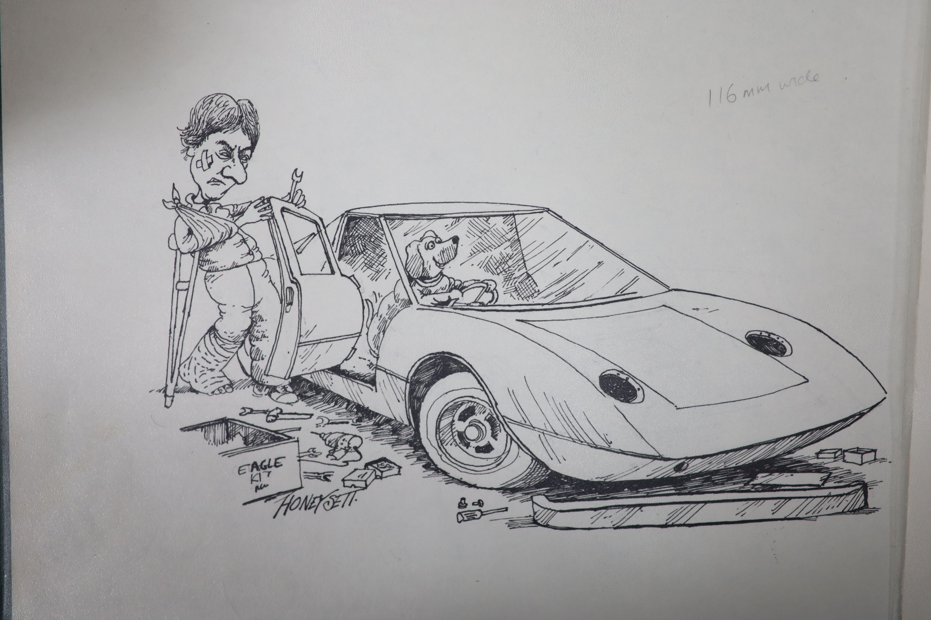 Martin Honeysett (b.1943-), four original cartoons, 'Ali Bakstreet Donkey Customising', 'Bonzo / Cindy', Gull Wing (published in Kitcars May 1982) and Eagle for 'Pipe's Progress', all signed, 20.5 x 30cm. unframed.